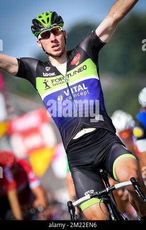 Belgian Boris Vallee of Fortuneo-Vital Concept celebrates after winning the second stage of the Tour De Wallonie cycling race, 182,7 km from Saint-Ghislain to Le Roeulx, on Sunday 24 July 2016. Stock Photo