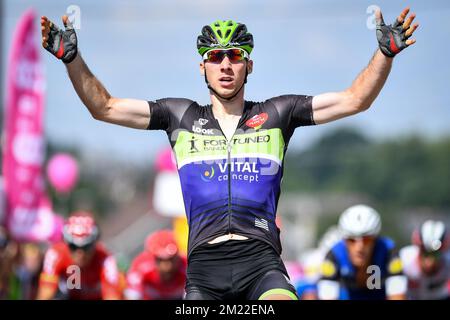 Belgian Boris Vallee of Fortuneo-Vital Concept celebrates after winning the second stage of the Tour De Wallonie cycling race, 182,7 km from Saint-Ghislain to Le Roeulx, on Sunday 24 July 2016. Stock Photo