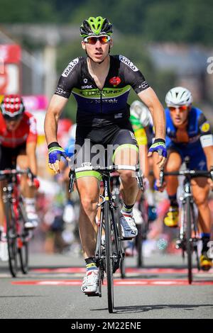 Belgian Boris Vallee of Fortuneo-Vital Concept celebrates after winning the second stage of the Tour De Wallonie cycling race, 182,7 km from Saint-Ghislain to Le Roeulx, on Sunday 24 July 2016. Stock Photo