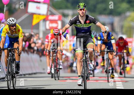 Belgian Boris Vallee of Fortuneo-Vital Concept celebrates after winning the second stage of the Tour De Wallonie cycling race, 182,7 km from Saint-Ghislain to Le Roeulx, on Sunday 24 July 2016. Stock Photo