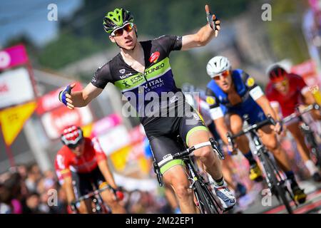 Belgian Boris Vallee of Fortuneo-Vital Concept celebrates after winning the second stage of the Tour De Wallonie cycling race, 182,7 km from Saint-Ghislain to Le Roeulx, on Sunday 24 July 2016. Stock Photo