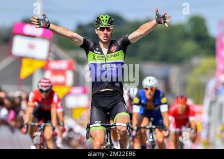 Belgian Boris Vallee of Fortuneo-Vital Concept celebrates after winning the second stage of the Tour De Wallonie cycling race, 182,7 km from Saint-Ghislain to Le Roeulx, on Sunday 24 July 2016. Stock Photo