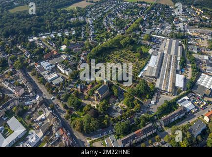 Aerial view, Lutheran St. Matthew's Church at St. Matthew's Cemetery and Klaus Union factory area in Weitmar district in Bochum, Ruhr area, North Rhin Stock Photo