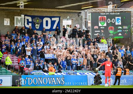 Genk's fans celebrate during a soccer game between Ireland's Cork City F.C. and Belgium's KRC Genk, in Cork, Ireland, Thursday 04 August 2016, the return leg of the third qualifying round in the Europa League competition. The first leg ended in a 1-0 Genk victory.  Stock Photo