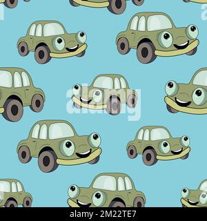 Seamless pattern with cute car on color background. Cartoot transport. Vector illustration. Doodle style. Design for baby print, invitation, poster Stock Vector