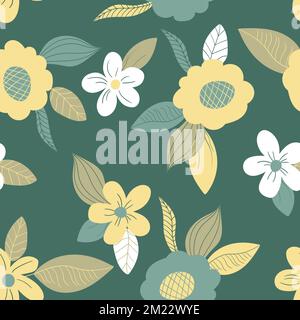 Seamless floral pattern based on traditional folk art ornaments. Art flowers on color background. Scandinavian style. Sweden nordic style. Vector Stock Vector