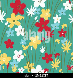 Seamless floral pattern based on traditional folk art ornaments. Colorful flowers on color background. Scandinavian style. Sweden nordic style. Vector Stock Vector