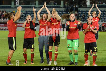 Belgian players celebrate their qualification, despite a 0-2 loss at a Euro2017 qualification match between the Red Flames Belgian national women soccer team, and England, Tuesday 20 September 2016 in Leuven. The Red Flames are already qualified for the Uefa Women's Euro 2017 that will take place from July 16th to August 6th in The Netherlands. BELGA PHOTO DAVID CATRY Stock Photo