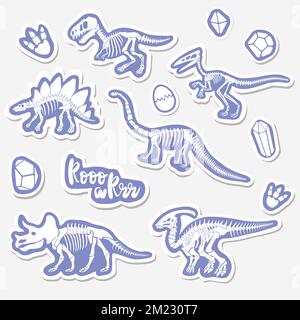 Vector sticker set with dinosaur skeleton isolated on a white background. Stock Vector