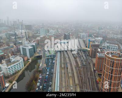 Leeds, UK. 13th December, 2022. Aerial view of Leeds Train Station with a limited service of trains running due to industrial action by RMT workers. Stock Photo