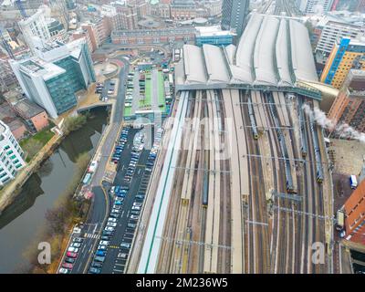 Leeds, UK. 13th December, 2022. Aerial view of Leeds Train Station with a limited service of trains running due to industrial action by RMT workers. Stock Photo