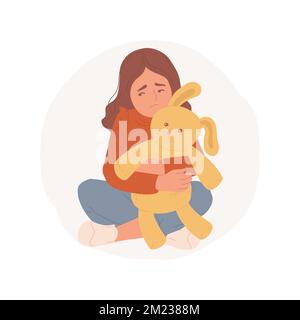 Loneliness isolated cartoon vector illustration. Sad kid holds stuffed animal, suffering from loneliness, negative emotional state, lack of social communication vector cartoon. Stock Vector