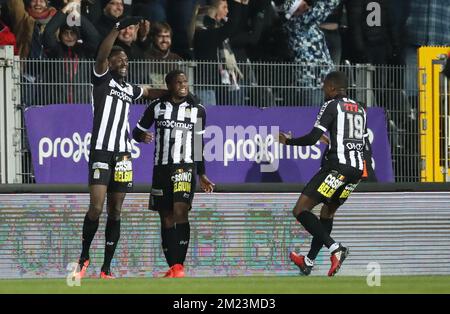 Charleroi's Djamel Bakar celebrates after scoring during the Jupiler Pro League match between Charleroi and Standard de Liege, in Charleroi, Sunday 04 December 2016, on day 17 of the Belgian soccer championship. BELGA PHOTO VIRGINIE LEFOUR Stock Photo