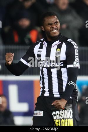 Charleroi's Djamel Bakar celebrates after scoring during the Jupiler Pro League match between Charleroi and Standard de Liege, in Charleroi, Sunday 04 December 2016, on day 17 of the Belgian soccer championship. BELGA PHOTO VIRGINIE LEFOUR Stock Photo