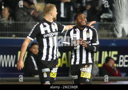 Charleroi's Djamel Bakar celebrates after scoring during the Jupiler Pro League match between Charleroi and Standard de Liege, in Charleroi, Sunday 04 December 2016, on day 17 of the Belgian soccer championship. BELGA PHOTO VIRGINIE LEFOUR Stock Photo