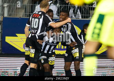 Charleroi's Djamel Bakar celebrates after scoring during the Jupiler Pro League match between Charleroi and Standard de Liege, in Charleroi, Sunday 04 December 2016, on day 17 of the Belgian soccer championship. BELGA PHOTO BRUNO FAHY Stock Photo