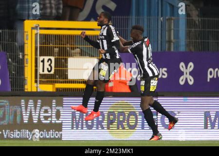 Charleroi's Djamel Bakar celebrates after scoring during the Jupiler Pro League match between Charleroi and Standard de Liege, in Charleroi, Sunday 04 December 2016, on day 17 of the Belgian soccer championship. BELGA PHOTO VIRGINIE LEFOUR Stock Photo