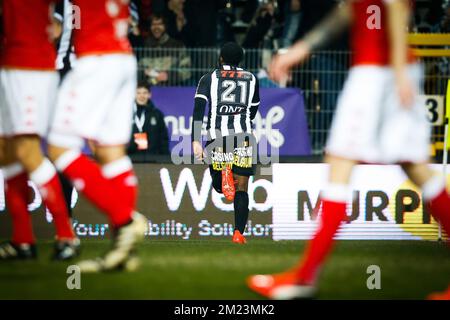 Charleroi's Djamel Bakar celebrates after scoring during the Jupiler Pro League match between Charleroi and Standard de Liege, in Charleroi, Sunday 04 December 2016, on day 17 of the Belgian soccer championship. BELGA PHOTO BRUNO FAHY Stock Photo