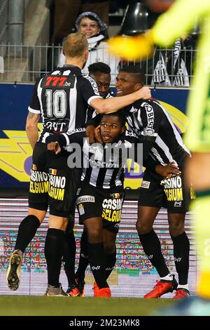 Charleroi's Djamel Bakar celebrates after scoring during the Jupiler Pro League match between Charleroi and Standard de Liege, in Charleroi, Sunday 04 December 2016, on day 17 of the Belgian soccer championship. BELGA PHOTO BRUNO FAHY Stock Photo