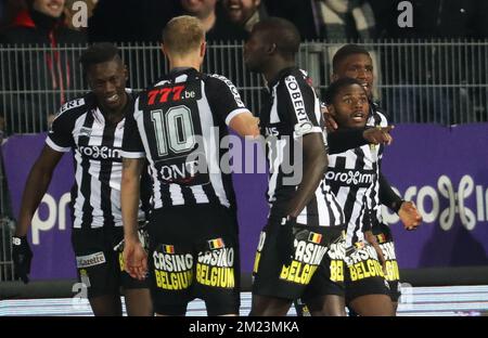 Charleroi's Djamel Bakar celebrates after scoring during the Jupiler Pro League match between Charleroi and Standard de Liege, in Charleroi, Sunday 04 December 2016, on day 17 of the Belgian soccer championship. BELGA PHOTO VIRGINIE LEFOUR Stock Photo