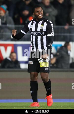 Charleroi's Djamel Bakar celebrates after scoring during the Jupiler Pro League match between Charleroi and Standard de Liege, in Charleroi, Sunday 04 December 2016, on day 17 of the Belgian soccer championship. BELGA PHOTO VIRGINIE LEFOUR Stock Photo