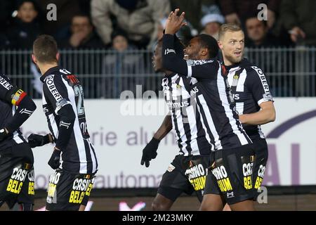 Charleroi's Djamel Bakar celebrates after scoring during the Jupiler Pro League match between Charleroi and Standard de Liege, in Charleroi, Sunday 04 December 2016, on day 17 of the Belgian soccer championship. BELGA PHOTO BRUNO FAHY Stock Photo