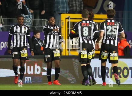 Charleroi's Djamel Bakar celebrates after scoring during the Jupiler Pro League match between Charleroi and Standard de Liege, in Charleroi, Sunday 04 December 2016, on day 17 of the Belgian soccer championship. BELGA PHOTO VIRGINIE LEFOUR Stock Photo