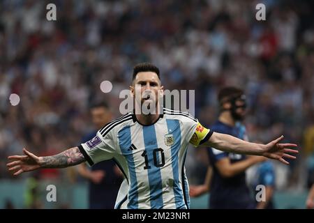 Argentina's forward Lionel Messi celebrates after scoring a goal against Croatia during the  World Cup FIFA Qatar 2022 round of semi-finals match between Argentina and Croatia at Lusail Stadium in Al Daayen, Qatar, on December 13, 2022. (Alejandro PAGNI / PHOTOXPHOTO) Stock Photo