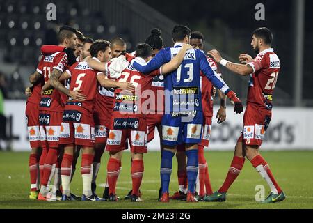 Kortrijk's players pictured before the start of a soccer game between KAS Eupen and KV Kortrijk, the quarter-final of the Croky Cup competition, Tuesday 13 December 2016 in Eupen. BELGA PHOTO YORICK JANSENS Stock Photo