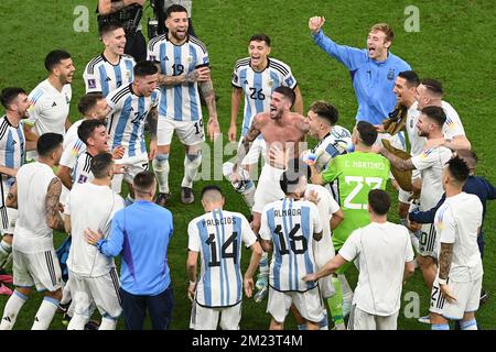 Lusail, Qatar. 13th Dec, 2022. Players of Argentina celebrate winning the Semifinal between Argentina and Croatia at the 2022 FIFA World Cup at Lusail Stadium in Lusail, Qatar, Dec. 13, 2022. Credit: Li Jundong/Xinhua/Alamy Live News Stock Photo