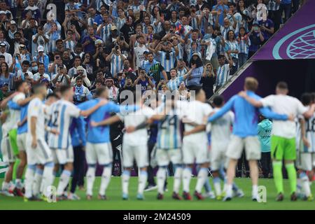 Doha, Qatar. 14th Dec, 2022. Argentina players celebrate qualifying for the final after a match against Croatia valid for the FIFA World Cup semi-finals at the Lusail Iconic Stadium in the city of Doha, Qatar, 13 December 2022. (Photo: William Volcov) Credit: Brazil Photo Press/Alamy Live News Stock Photo