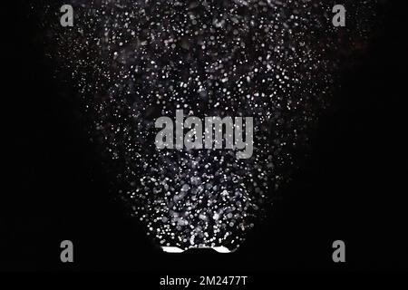 A flashlight beam illuminating water molecules on a foggy night. Stock Photo