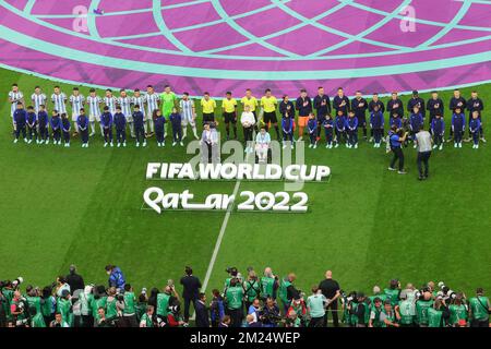 Lusail, Qatar. 13th Dec, 2022. National Anthems during the FIFA World Cup Qatar 2022 semi final match between Argentina and Croatia at Lusail Stadium, Lusail, Qatar on 13 December 2022. Photo by Peter Dovgan. Editorial use only, license required for commercial use. No use in betting, games or a single club/league/player publications. Credit: UK Sports Pics Ltd/Alamy Live News Stock Photo