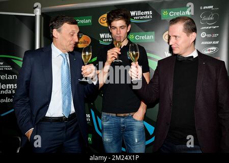 Crelan Ceo Luc Versele, Belgian world champion Wout Van Aert, Joel Verheyden and pictured after a press conference of World Champion cyclocross cycling Van Aert, Monday 30 January 2017, in Brussels. Yesterday Van Aert won the World Championships in Luxembourg extending his title. BELGA PHOTO DAVID STOCKMAN Stock Photo