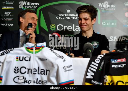 Crelan Ceo Luc Versele and Belgian world champion Wout Van Aert pictured during a press conference of World Champion cyclocross cycling Van Aert, Monday 30 January 2017, in Brussels. Yesterday Van Aert won the World Championships in Luxembourg extending his title. BELGA PHOTO DAVID STOCKMAN Stock Photo