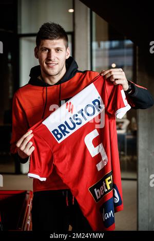 Kortrijk's new player Vladimir Kovacevic pictured during a press conference of Belgian soccer team KV Kortrijk to announce their latest transfers, Thursday 02 February 2017, in Kortrijk. Stojanovic is a Serbian soccer player from FK Vozdovac, Kovacevic is a Serbian soccer player from Vojvodina. BELGA PHOTO KURT DESPLENTER Stock Photo