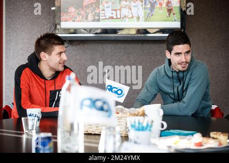 Kortrijk's new player Vladimir Kovacevic and Kortrijk's new player Jovan Stojanovic pictured during a press conference of Belgian soccer team KV Kortrijk to announce their latest transfers, Thursday 02 February 2017, in Kortrijk. Stojanovic is a Serbian soccer player from FK Vozdovac, Kovacevic is a Serbian soccer player from Vojvodina. BELGA PHOTO KURT DESPLENTER Stock Photo