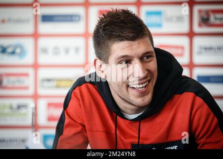 Kortrijk's new player Vladimir Kovacevic pictured during a press conference of Belgian soccer team KV Kortrijk to announce their latest transfers, Thursday 02 February 2017, in Kortrijk. Stojanovic is a Serbian soccer player from FK Vozdovac, Kovacevic is a Serbian soccer player from Vojvodina. BELGA PHOTO KURT DESPLENTER Stock Photo