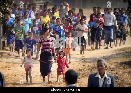 Illustration picture shows local people during a visit to a community based pre-school in Kang Village, Saravane, Laos, Wednesday 22 February 2017. Queen Mathilde, honorary President of Unicef Belgium, is on a four days mission in Laos. BELGA PHOTO YORICK JANSENS  Stock Photo