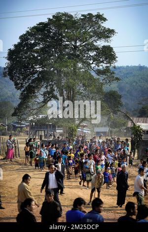 Illustration picture shows local people during a visit to a community based pre-school in Kang Village, Saravane, Laos, Wednesday 22 February 2017. Queen Mathilde, honorary President of Unicef Belgium, is on a four days mission in Laos. BELGA PHOTO YORICK JANSENS  Stock Photo