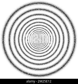 Hypnotic concentric circles. Textured psychedelic rings tunnel. Black and white ripple illusion. Epicentre, target concept. Dotted radial vector Stock Vector