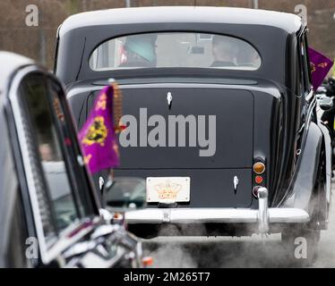 Illustration picture shows Queen Mathilde of Belgium and King Philippe - Filip of Belgium in the royal car after the official welcome at Copenhagen Airport on the first day of a three days State visit of the Belgian royal couple to Denmark, Tuesday 28 March 2017, in Copenhagen. BELGA PHOTO BENOIT DOPPAGNE Stock Photo