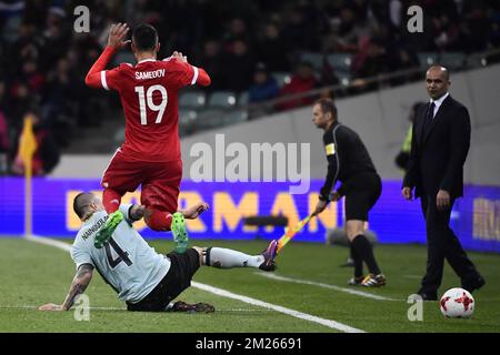Belgium's Radja Nainggolan and Russia's Aleksandr Samedov fight for the ball during a friendly game between Belgium's Red Devils and Russia, on Tuesday 28 March 2017, in Adler, Russia. BELGA PHOTO DIRK WAEM Stock Photo