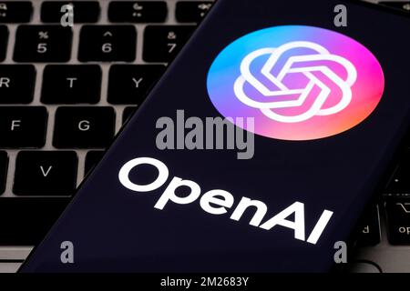 OpenAI logo seen on the screen of smartphone. AI software developer. Stafford, United Kingdom, December 13, 2022. Stock Photo