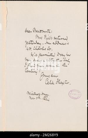 Celia Thaxter autograph note signed to Thomas Wentworth Higginson ...