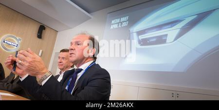 Volvo Cars CEO Hakan Samuelsson and Flemish Minister of Employment, Economy, Innovation, Science Policy and Sports Philippe Muyters pictured during a visit to the Volvo Cars plant in Gent, Monday 03 April 2017. BELGA PHOTO BENOIT DOPPAGNE Stock Photo