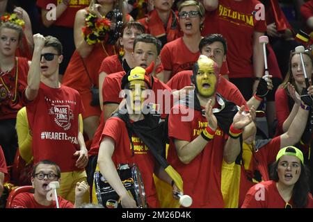 Belgian supporters pictured during the fourth game between Belgian David Goffin and Italian Paolo Lorenzi at the Davis Cup World Group quarterfinal between Belgium and Italy, Sunday 09 April 2017, in Charleroi. BELGA PHOTO BENOIT DOPPAGNE Stock Photo