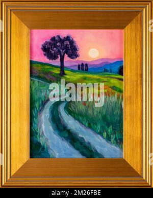 Contemporary expressionism oil painting in a plein aire gold frame depicting a country road landscape with fields and mountains at sunset. Impressioni Stock Photo