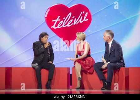 Singer Frederic François, Sabrina Jacobs and Thomas Van Hamme pictured at the closing ceremony of the 29th edition of the Televie charity event of RTL-TVi television, Saturday 22 April 2017, in Vilvoorde. BELGA PHOTO ANTHONY DEHEZ Stock Photo