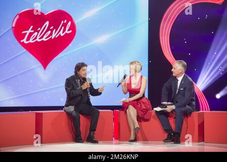 Singer Frederic François, Sabrina Jacobs and Thomas Van Hamme pictured at the closing ceremony of the 29th edition of the Televie charity event of RTL-TVi television, Saturday 22 April 2017, in Vilvoorde. BELGA PHOTO ANTHONY DEHEZ Stock Photo